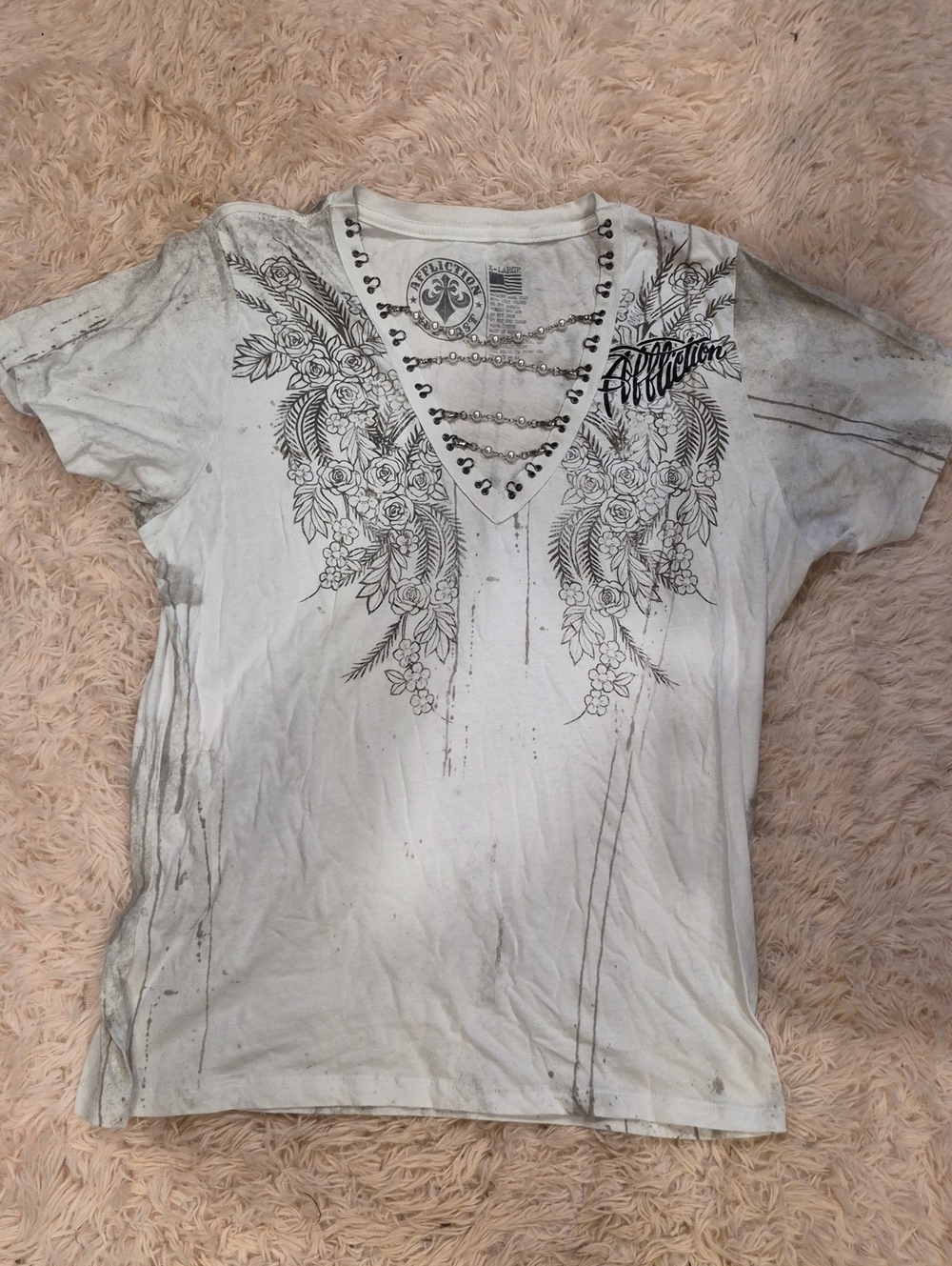 Affliction White V-Neck Floral Studded Graphic Tee
